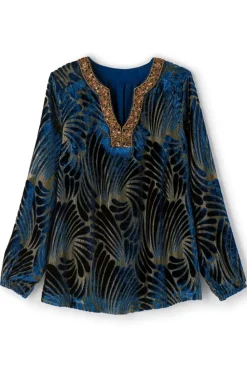 Clearance Soft Surroundings Adrienne Embroidered Velvet Tunic BlueSwirlVelvetBurnout
