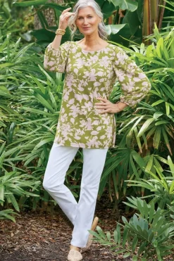 New Soft Surroundings Ainsley Linen Blend Tunic InkBloomsGreen