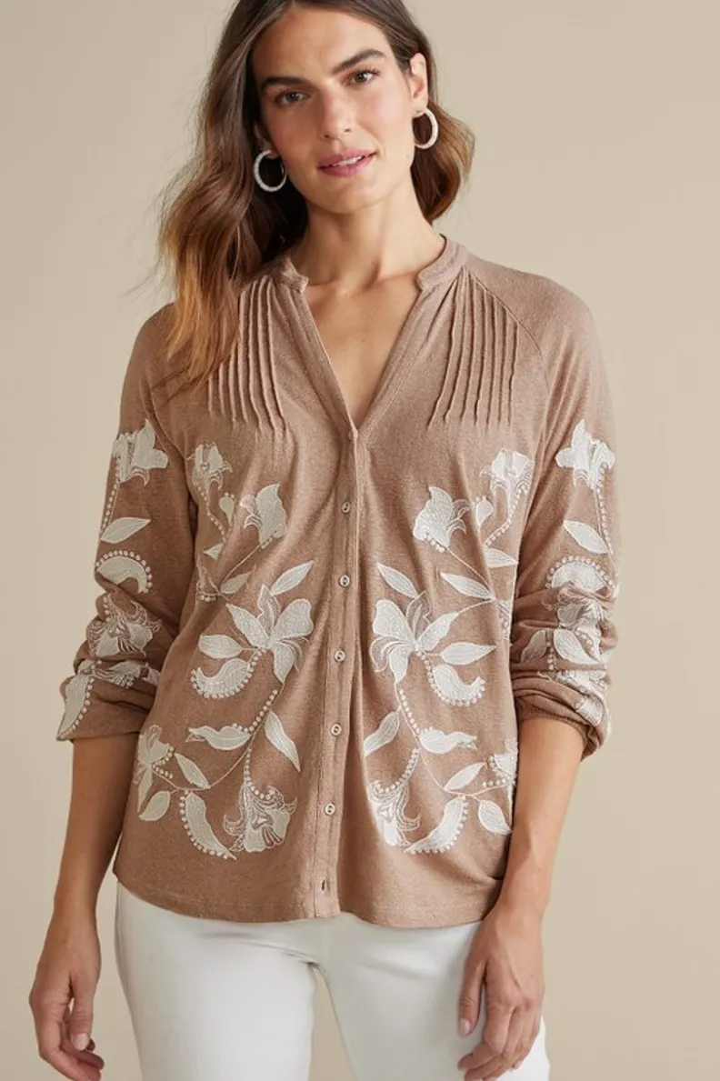 Sale Soft Surroundings Alva Embroidered Knit Top Beige