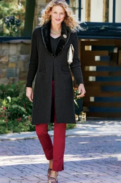 Clearance Soft Surroundings Amalie Faux Fur Collar Ribbed Cardigan Black