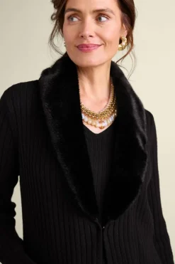 Clearance Soft Surroundings Amalie Faux Fur Collar Ribbed Cardigan Black