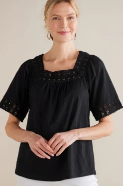 New Soft Surroundings Brianna Crochet Knit Tee Black