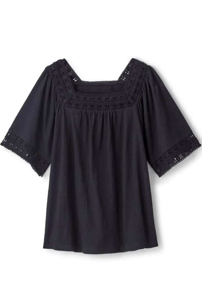 New Soft Surroundings Brianna Crochet Knit Tee Black