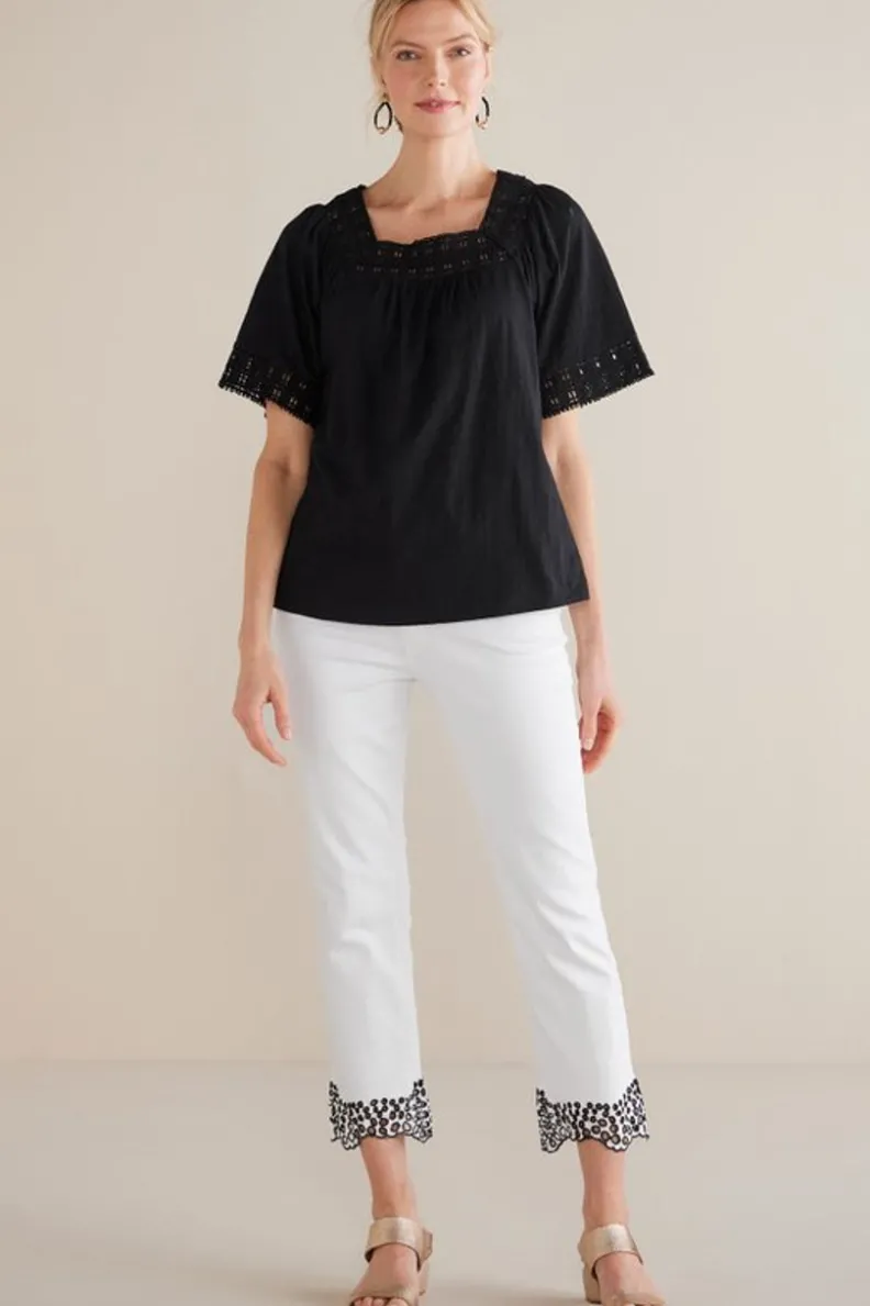 New Soft Surroundings Brianna Crochet Knit Tee Black