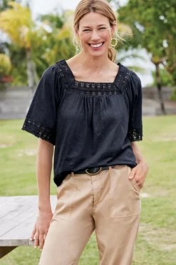 New Soft Surroundings Brianna Crochet Knit Tee Black