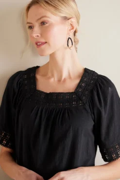 New Soft Surroundings Brianna Crochet Knit Tee Black