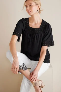 New Soft Surroundings Brianna Crochet Knit Tee Black