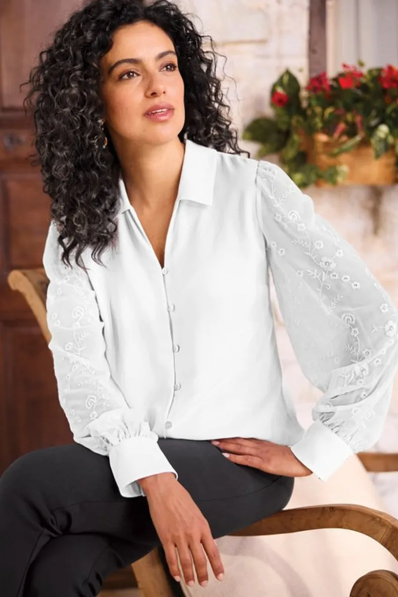 Sale Soft Surroundings Calathea Embroidered Sleeve Shirt White