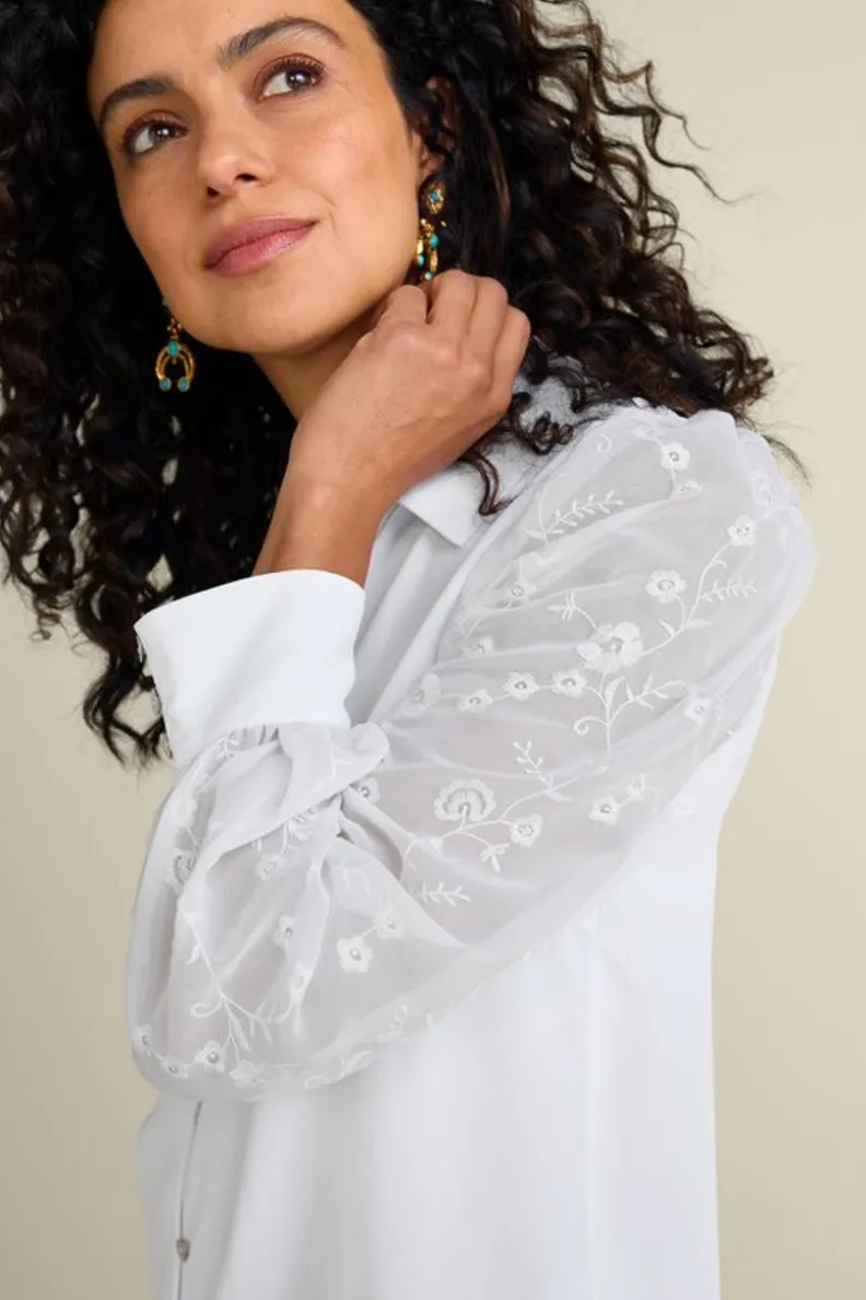 Sale Soft Surroundings Calathea Embroidered Sleeve Shirt White