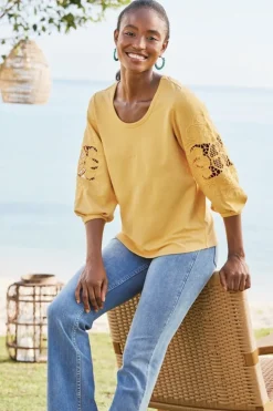 Hot Soft Surroundings Charmaine Embroidered French Terry Top BuffYellow