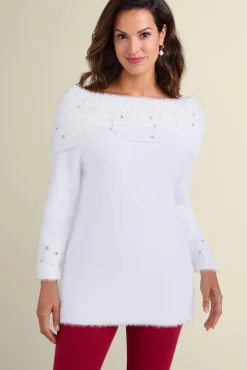 Hot Soft Surroundings Christina Embellished Cowl Neck Sweater Tunic IvoryPearl