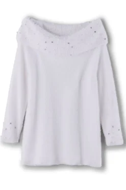 Hot Soft Surroundings Christina Embellished Cowl Neck Sweater Tunic IvoryPearl