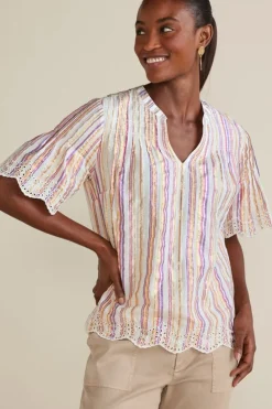 Outlet Soft Surroundings Ciel Metallic Stripe Eyelet Top MultiMetallicStripe