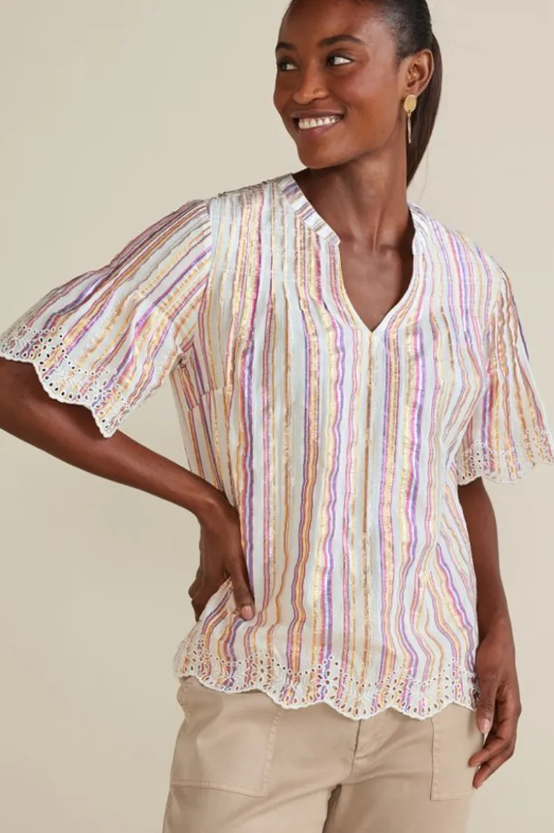 Outlet Soft Surroundings Ciel Metallic Stripe Eyelet Top MultiMetallicStripe
