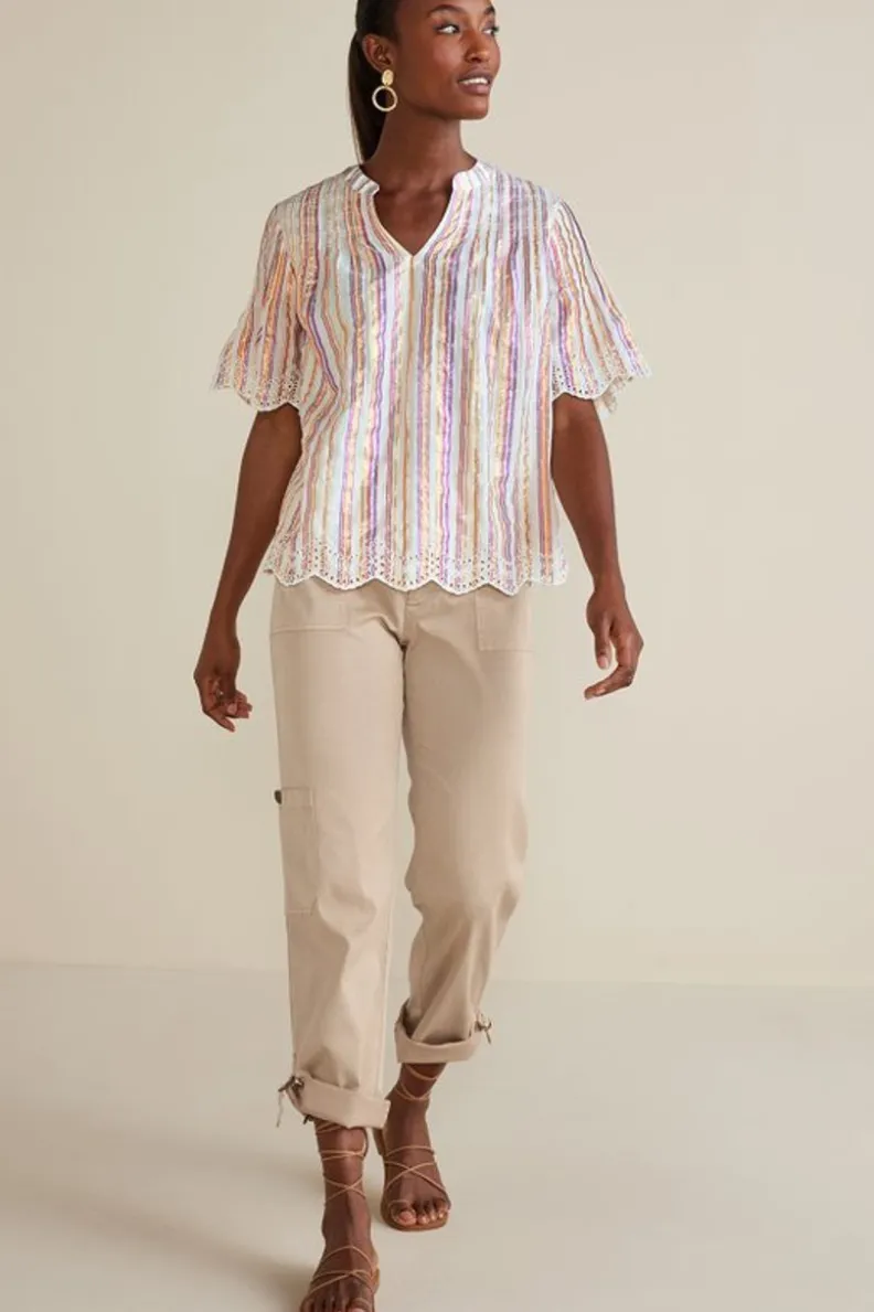 Outlet Soft Surroundings Ciel Metallic Stripe Eyelet Top MultiMetallicStripe