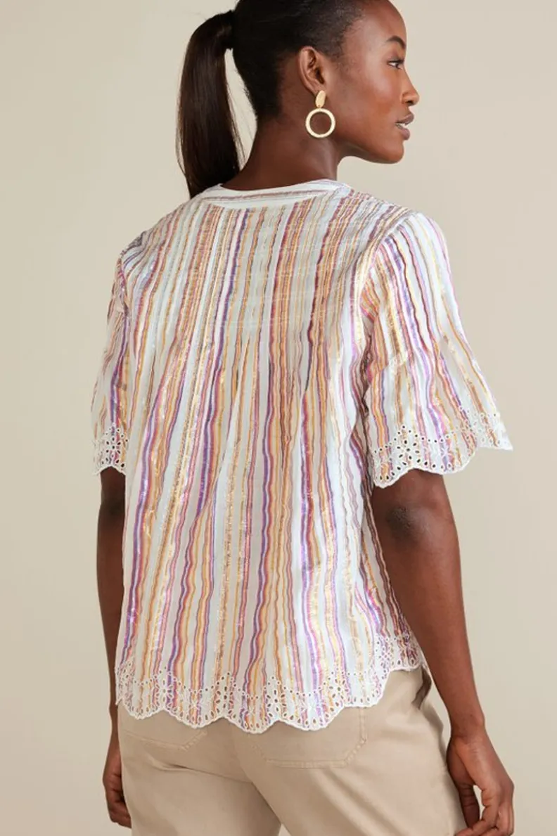 Outlet Soft Surroundings Ciel Metallic Stripe Eyelet Top MultiMetallicStripe