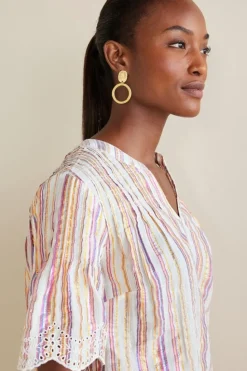 Outlet Soft Surroundings Ciel Metallic Stripe Eyelet Top MultiMetallicStripe