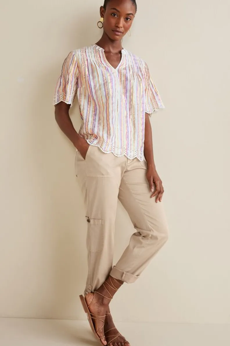 Outlet Soft Surroundings Ciel Metallic Stripe Eyelet Top MultiMetallicStripe