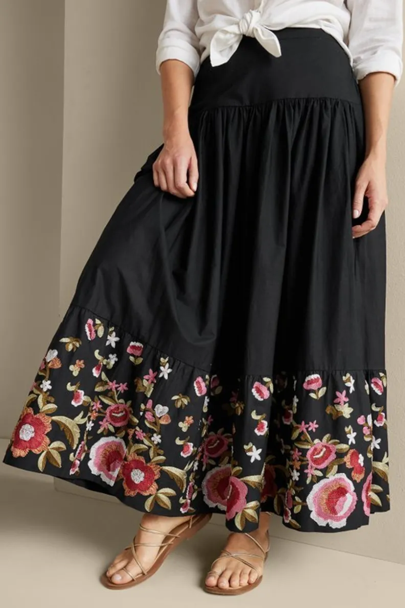 New Soft Surroundings Cindi Embroidered Maxi Skirt Black