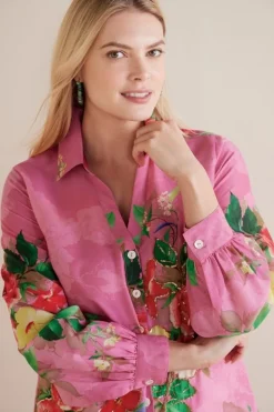 Clearance Soft Surroundings Danica Embellished Shirt Red/PinkFloral