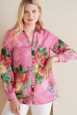 Clearance Soft Surroundings Danica Embellished Shirt Red/PinkFloral