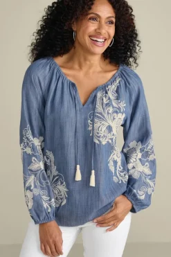 Outlet Soft Surroundings Diya Embroidered Tencel™ Peasant Top MediumWash