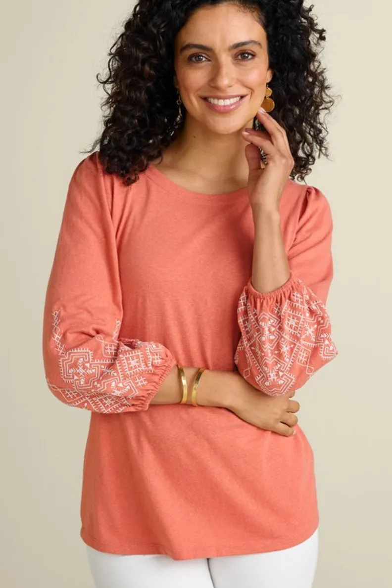 New Soft Surroundings Embroidered Parisian Poet Top ApricotBrandy