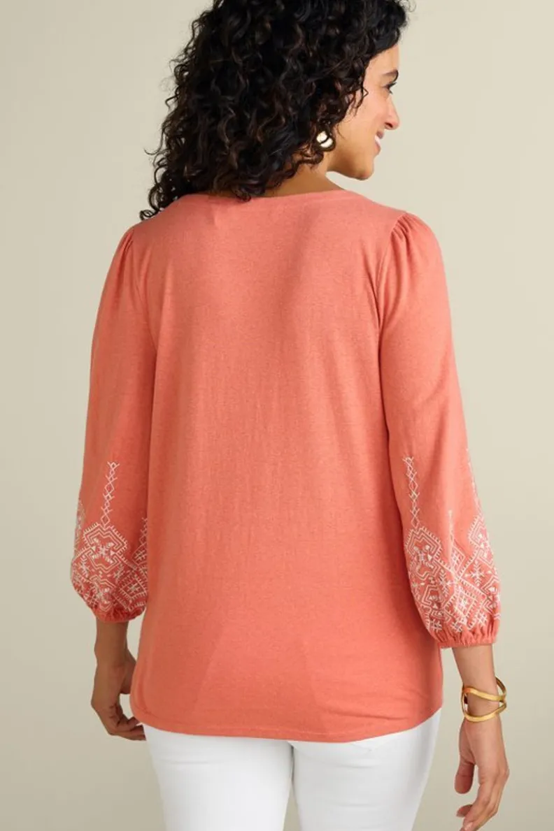 New Soft Surroundings Embroidered Parisian Poet Top ApricotBrandy