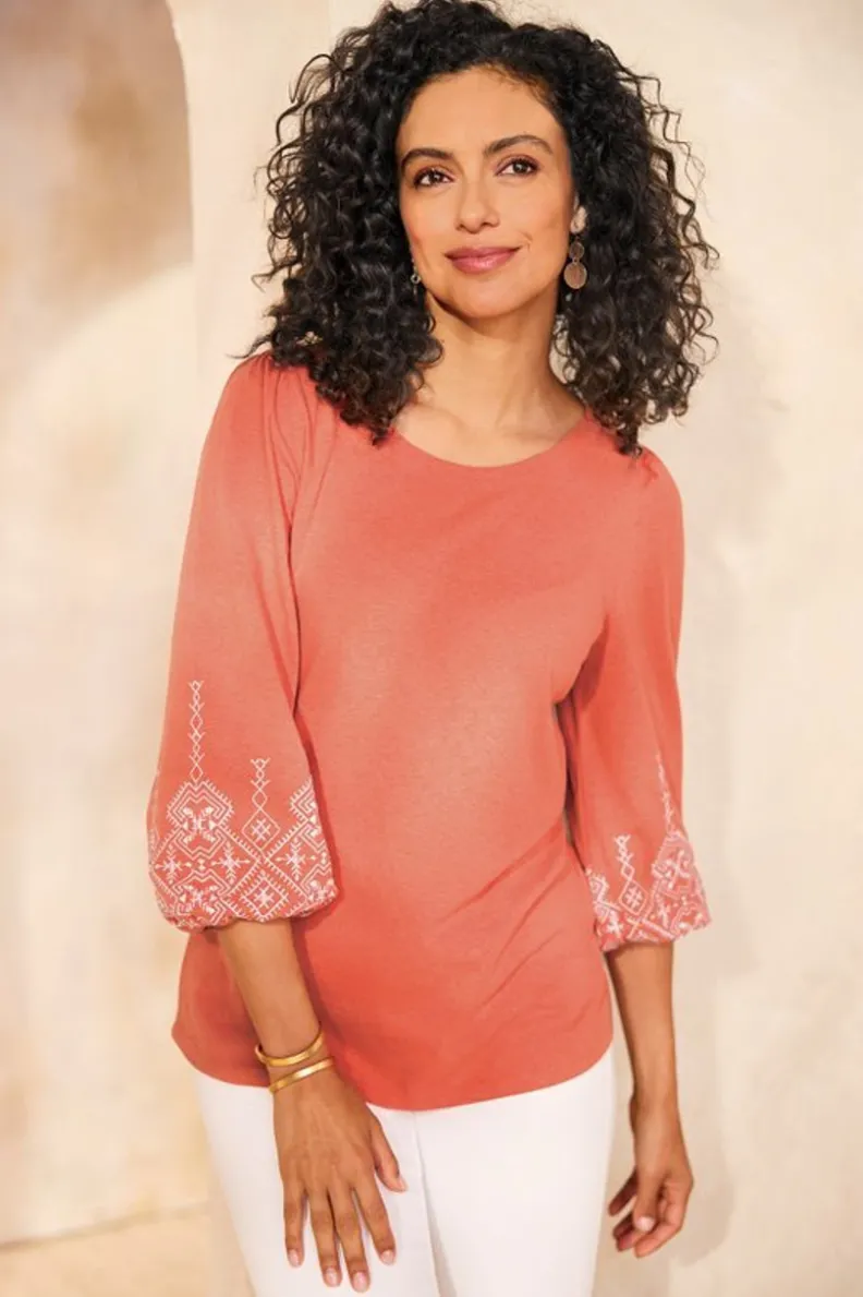 New Soft Surroundings Embroidered Parisian Poet Top ApricotBrandy