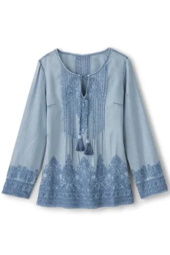 Sale Soft Surroundings Emily Embroidered Tencel™ Top LightChambray