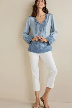 Sale Soft Surroundings Emily Embroidered Tencel™ Top LightChambray
