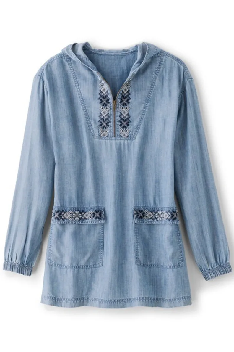 Fashion Soft Surroundings Evie Embroidered Tencel Hoodie WashedBlue