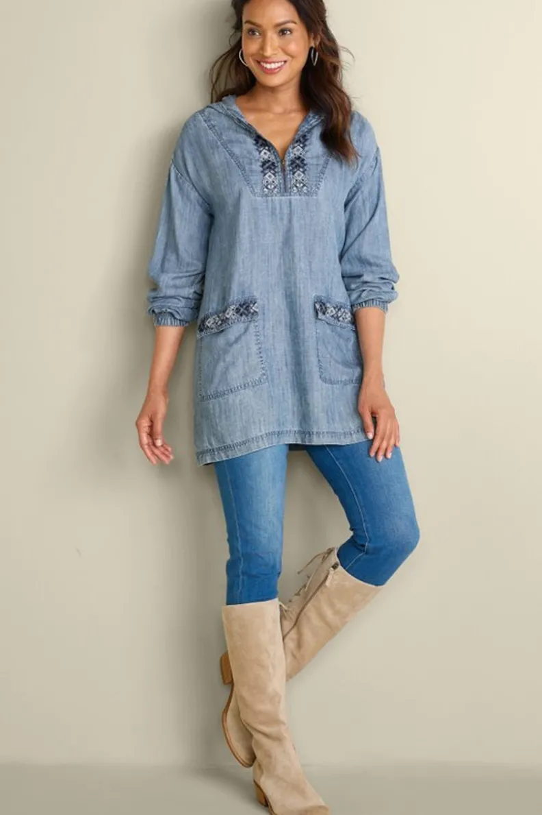 Fashion Soft Surroundings Evie Embroidered Tencel Hoodie WashedBlue