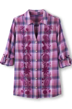 Clearance Soft Surroundings Gracie Embroidered Plaid Big Shirt BayAreaPlaid