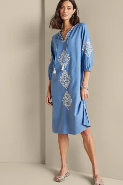 New Soft Surroundings Hasana Linen Blend Midi Dress RiversideBlue