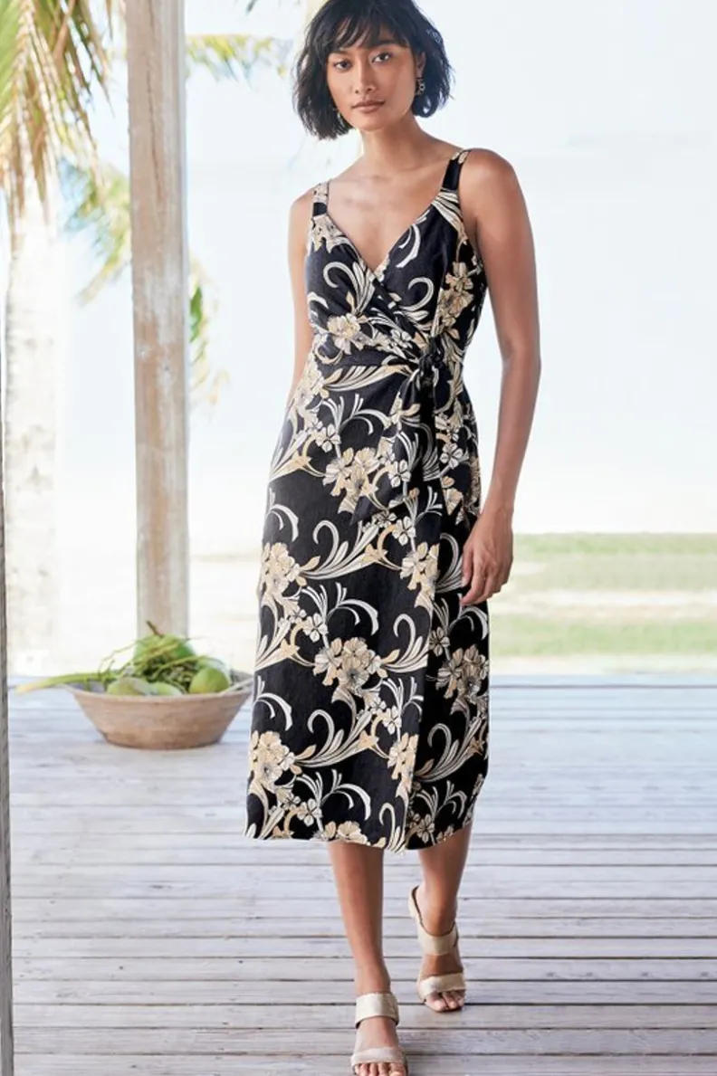 Sale Soft Surroundings Isla Stretch Linen Midi Dress GoldenBotanicals