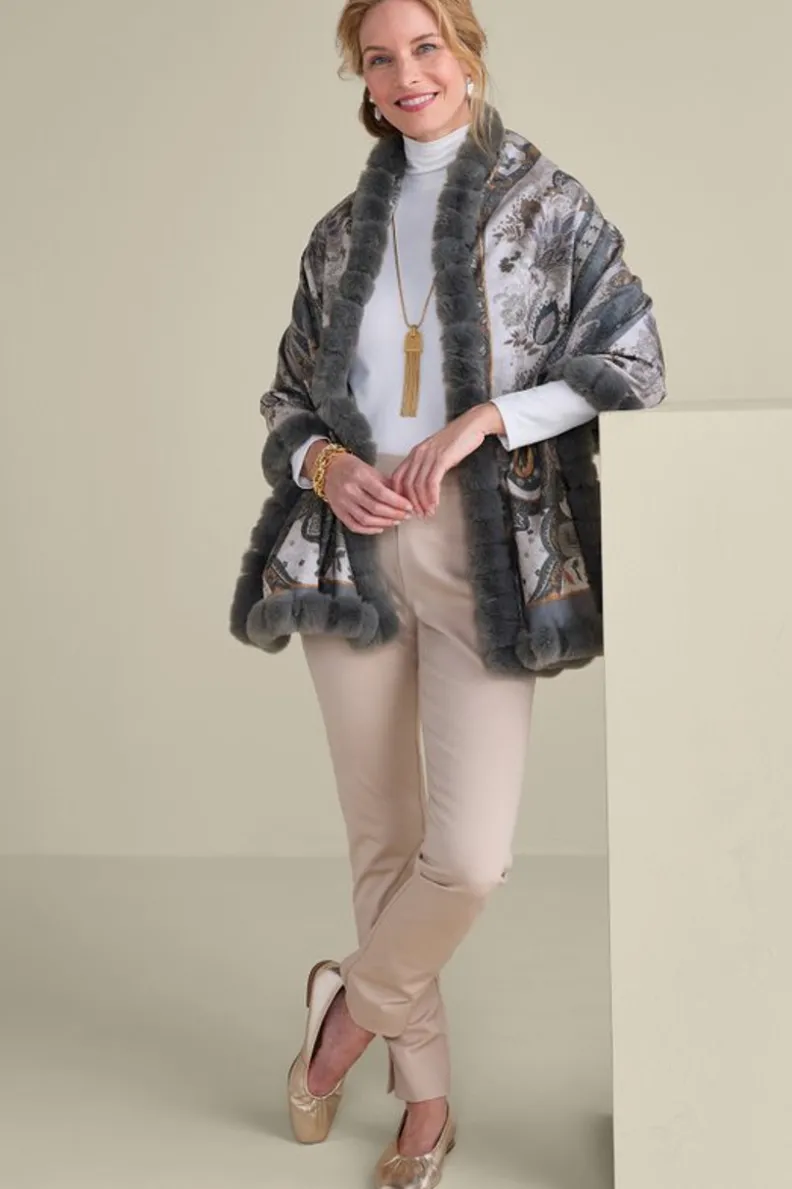 Best Soft Surroundings Katya Faux Fur Trim Wrap Scarf Gray