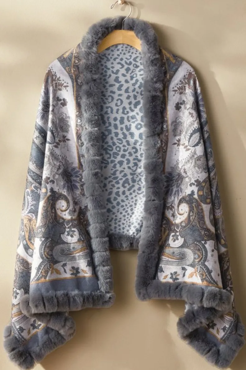 Best Soft Surroundings Katya Faux Fur Trim Wrap Scarf Gray