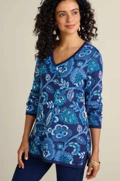 New Soft Surroundings Leonor Jacquard Tunic Sweater FallGardenBlue