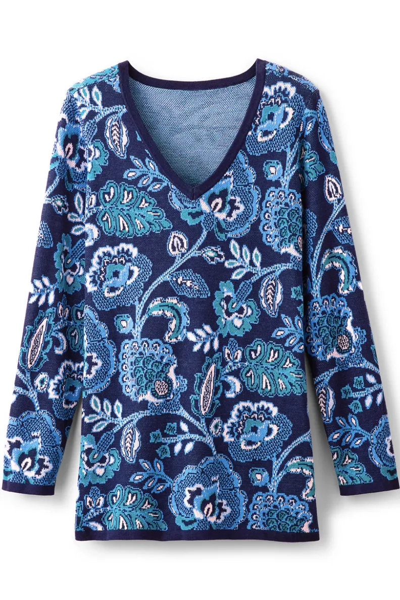 New Soft Surroundings Leonor Jacquard Tunic Sweater FallGardenBlue