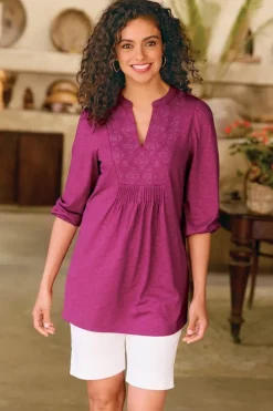 Discount Soft Surroundings Mikaela Embroidered 3/4 Sleeve Tunic RaspberryRadiance