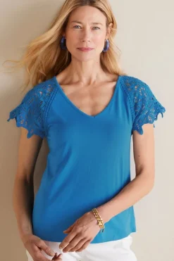Discount Soft Surroundings Nikita Lace Sleeve Tee FrenchBlue