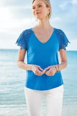 Discount Soft Surroundings Nikita Lace Sleeve Tee FrenchBlue