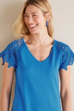 Discount Soft Surroundings Nikita Lace Sleeve Tee FrenchBlue