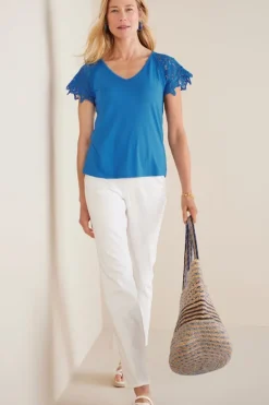 Discount Soft Surroundings Nikita Lace Sleeve Tee FrenchBlue