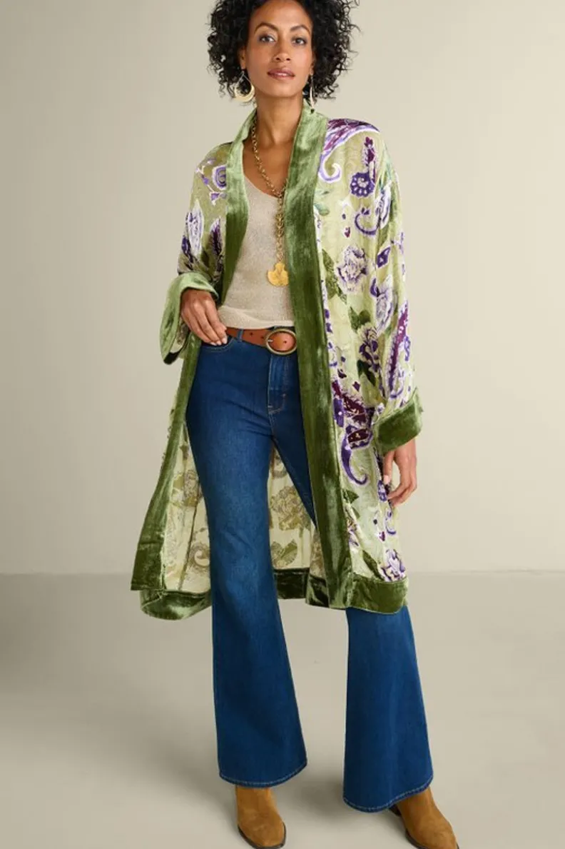 Clearance Soft Surroundings Nomi Silk Blend Velvet Kimono Purple/GreenPaisley
