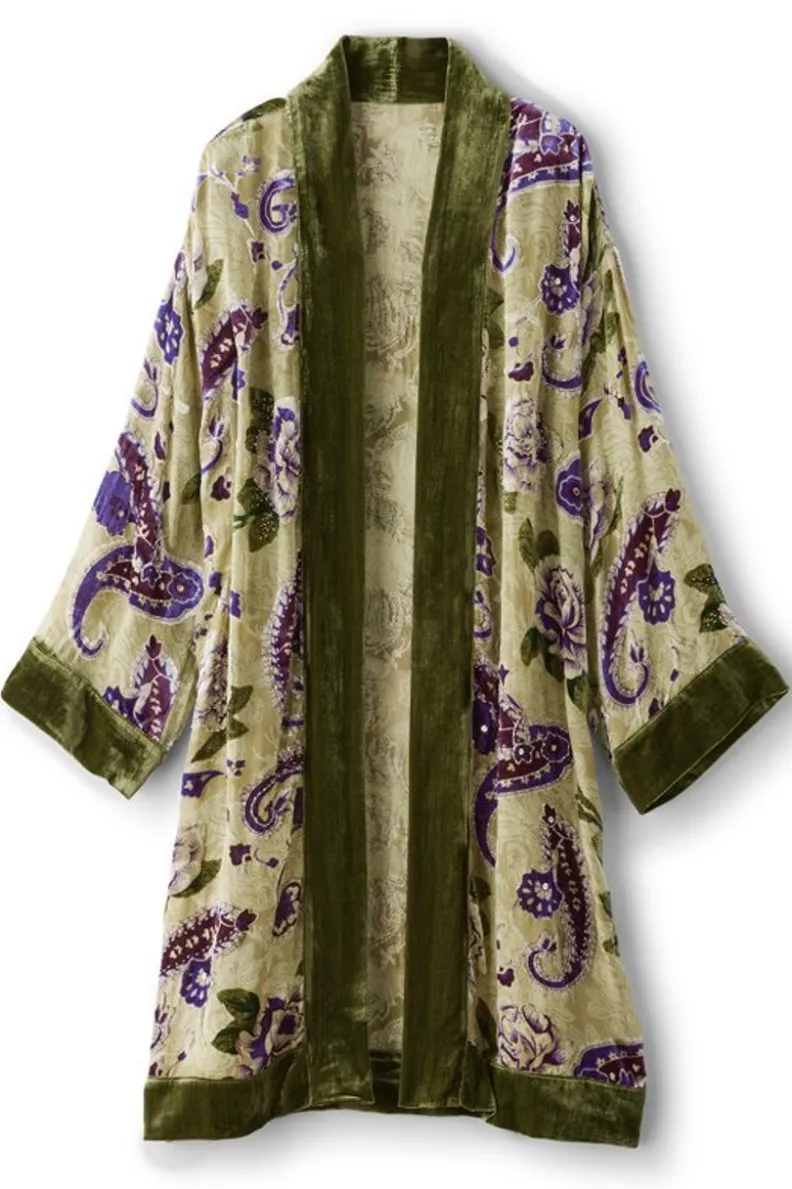 Clearance Soft Surroundings Nomi Silk Blend Velvet Kimono Purple/GreenPaisley