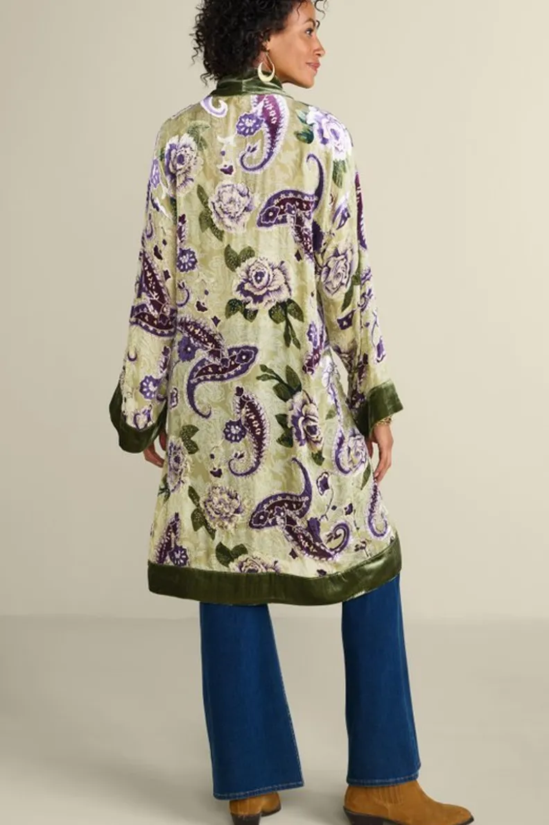Clearance Soft Surroundings Nomi Silk Blend Velvet Kimono Purple/GreenPaisley