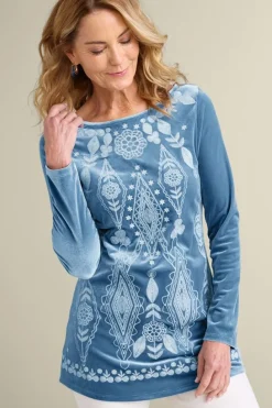 New Soft Surroundings Nori Embroidered Velvet Tunic MoonlightBlue