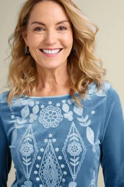 New Soft Surroundings Nori Embroidered Velvet Tunic MoonlightBlue